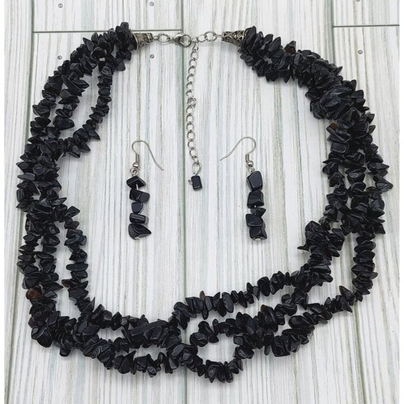 Stone Multi Strand Artisan Statement Necklace &  Earrings Black Chip Stone - Picture 11 of 11